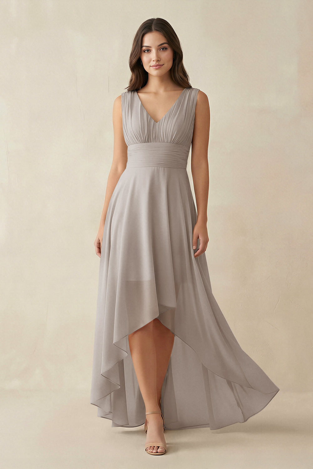 V-Neck High-Low Chiffon Bridesmaid Dress in Frost