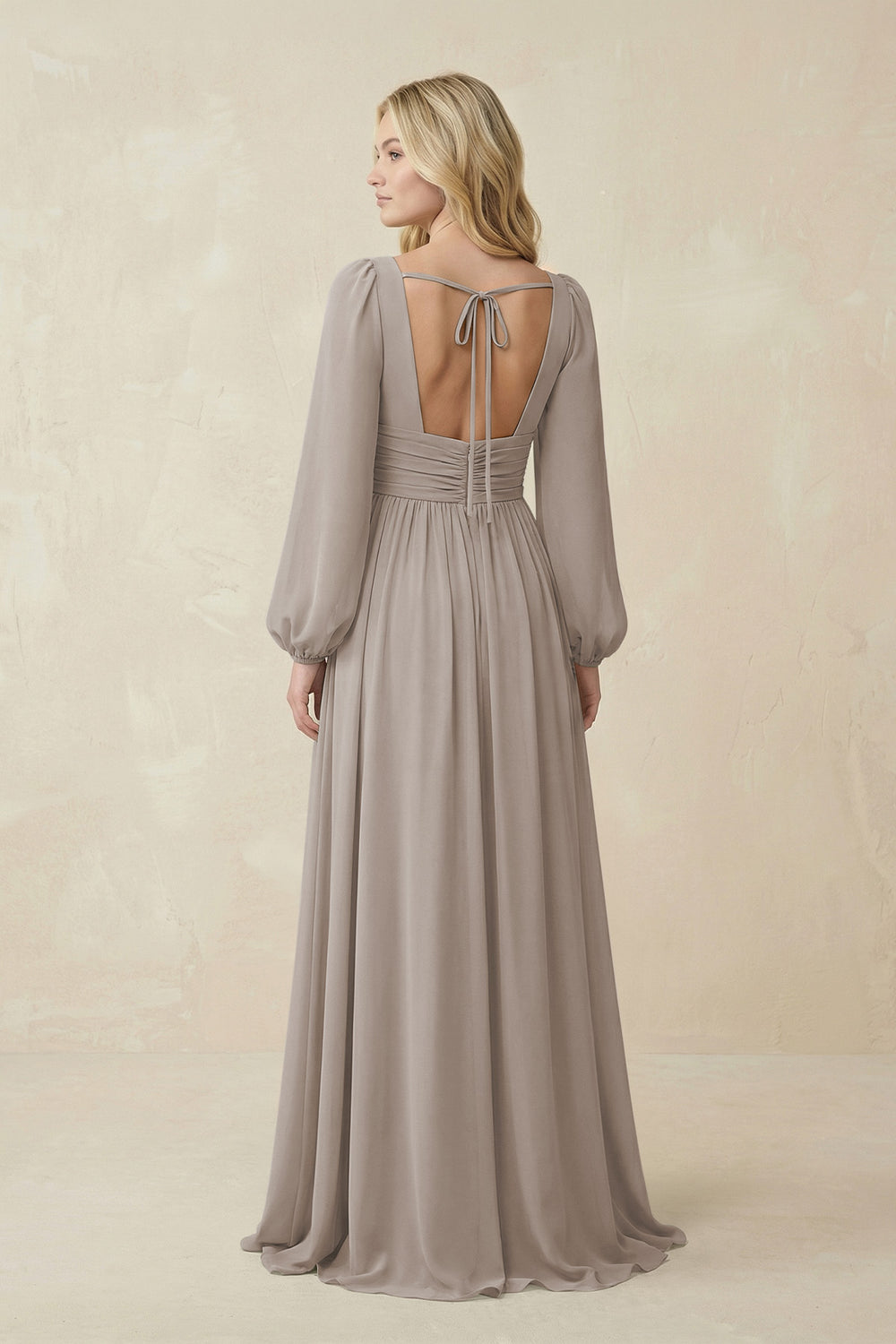 V-Neck Long Sleeve A-Line Chiffon Bridesmaid Dress in Frost