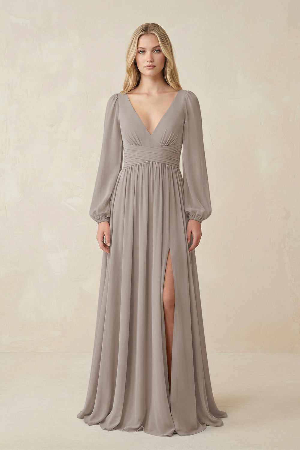 V-Neck Long Sleeve A-Line Chiffon Bridesmaid Dress in Frost