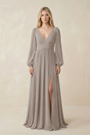 Frost V-Neck Long Sleeve A-Line Chiffon Bridesmaid Dress | KISSBRIDAL