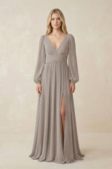 Frost V-Neck Long Sleeve A-Line Chiffon Bridesmaid Dress | KISSBRIDAL