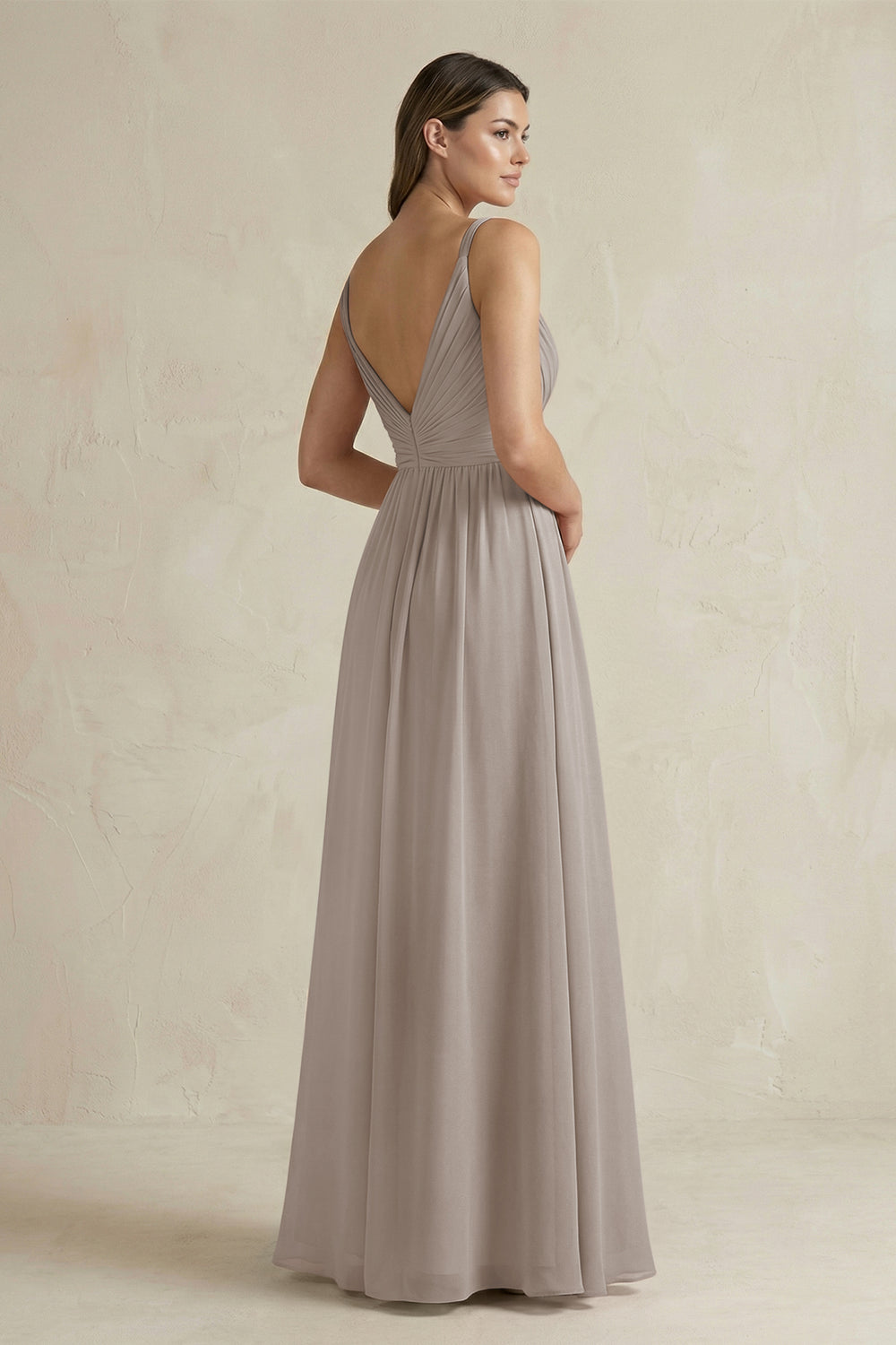 V-Neck Pleated A-Line Chiffon Bridesmaid Dress in Frost
