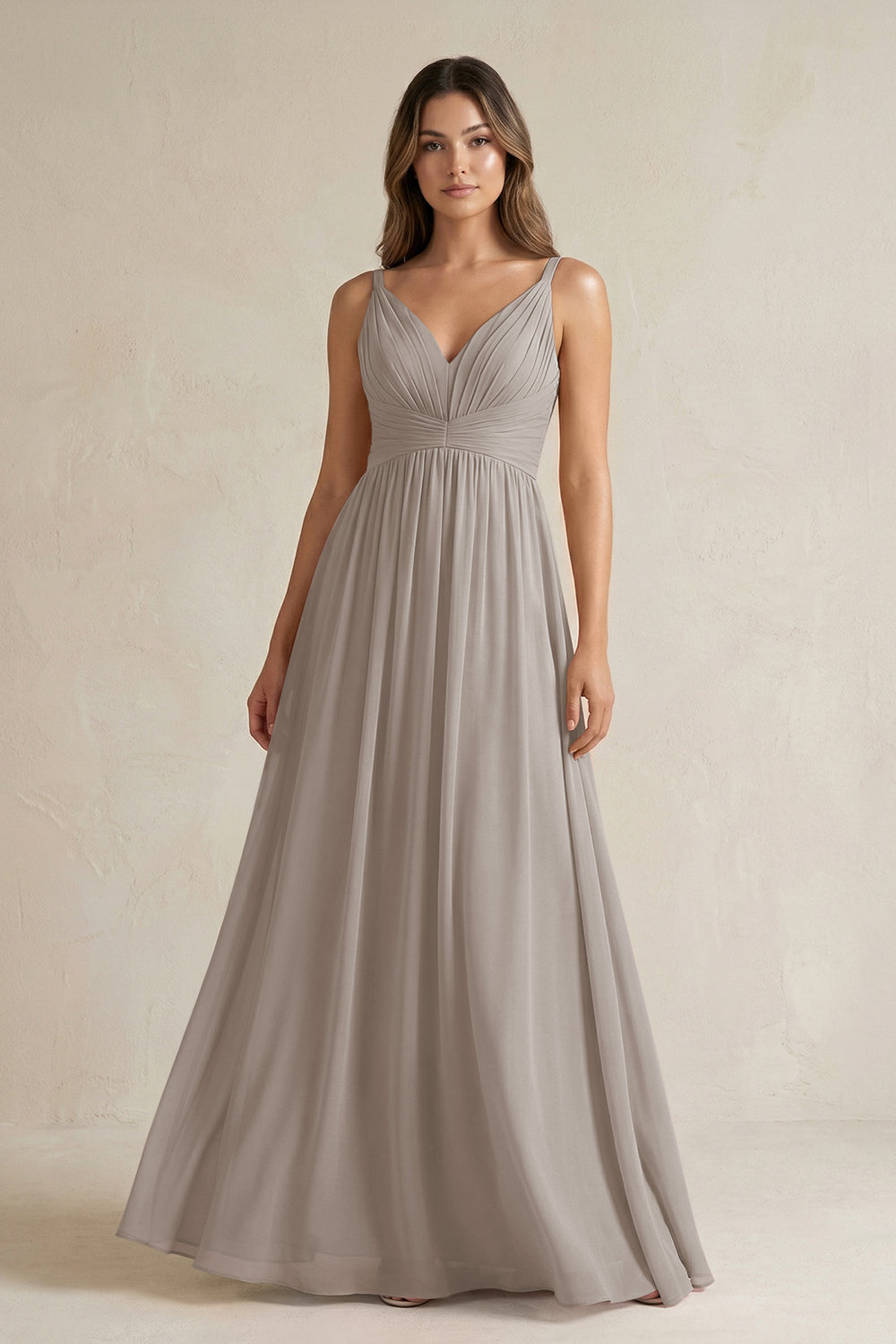 V-Neck Pleated A-Line Chiffon Bridesmaid Dress in Frost