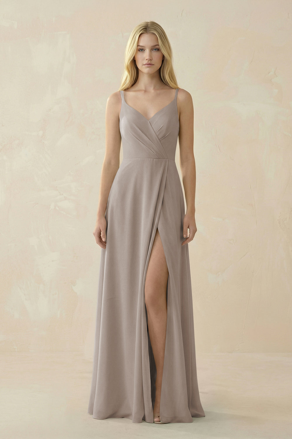 V-Neck Ruched Chiffon Bridesmaid Dress with Slit in Frost
