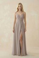 Frost V-Neck Ruched Chiffon Bridesmaid Dress with Slit | KISSBRIDAL