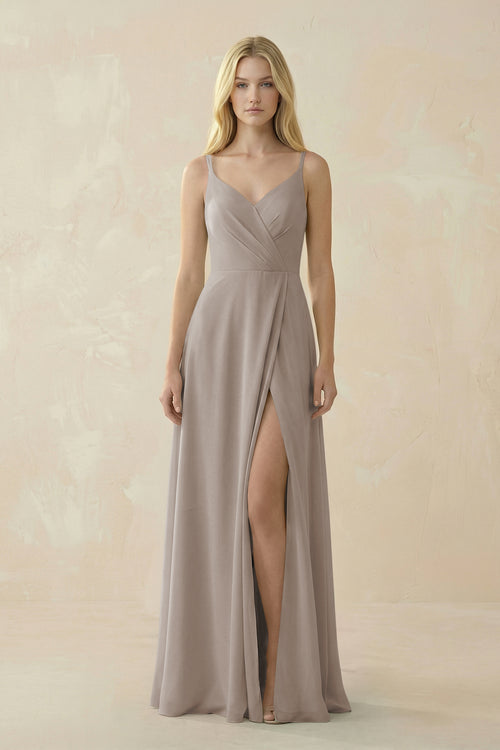 Frost V-Neck Ruched Chiffon Bridesmaid Dress with Slit | KISSBRIDAL