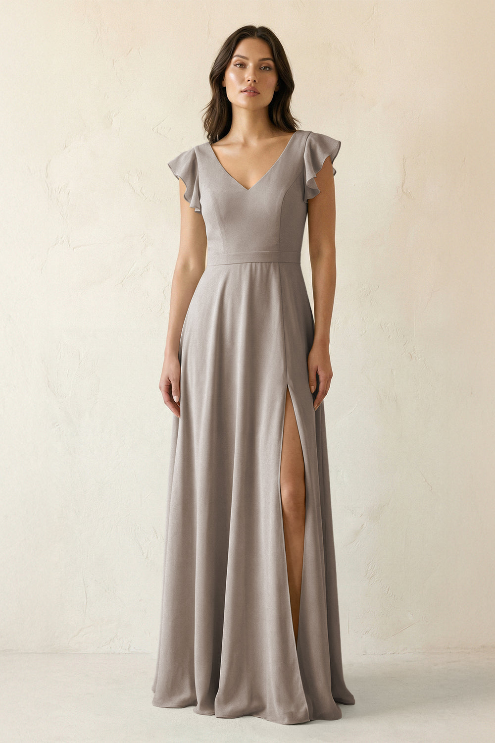 V-Neck Ruffled A-Line Chiffon Bridesmaid Dress in Frost