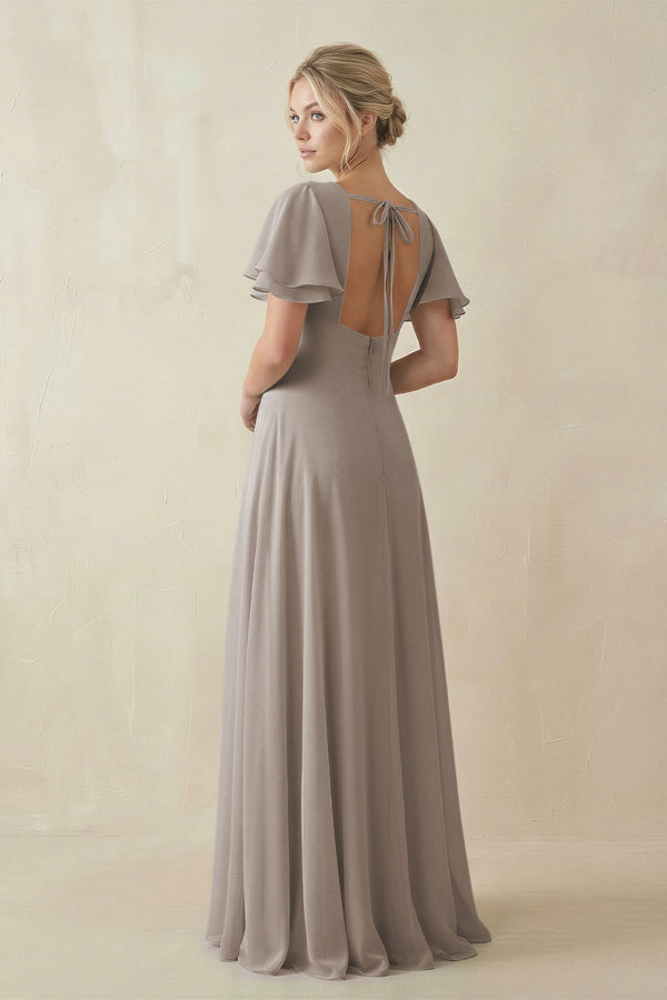 Frost V-Neck Ruffled Short Sleeves A-Line Bridesmaid Dress (2) | KISSBRIDAL