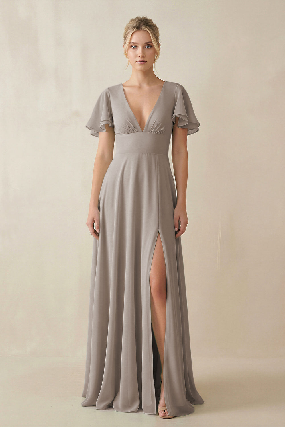 V-Neck Ruffled Short Sleeves A-Line Bridesmaid Dress in Frost