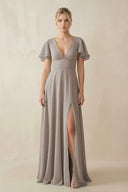 Frost V-Neck Ruffled Short Sleeves A-Line Bridesmaid Dress | KISSBRIDAL