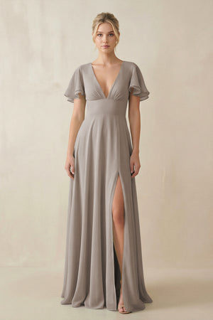 Frost V-Neck Ruffled Short Sleeves A-Line Bridesmaid Dress | KISSBRIDAL