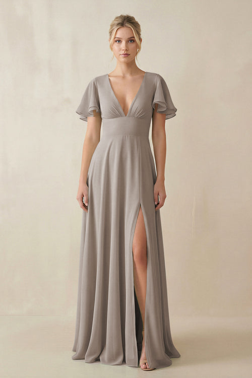 Frost V-Neck Ruffled Short Sleeves A-Line Bridesmaid Dress | KISSBRIDAL