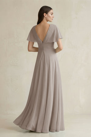 Frost V-Neck Ruffled Sleeve A-Line Chiffon Bridesmaid Dress (2) | KISSBRIDAL
