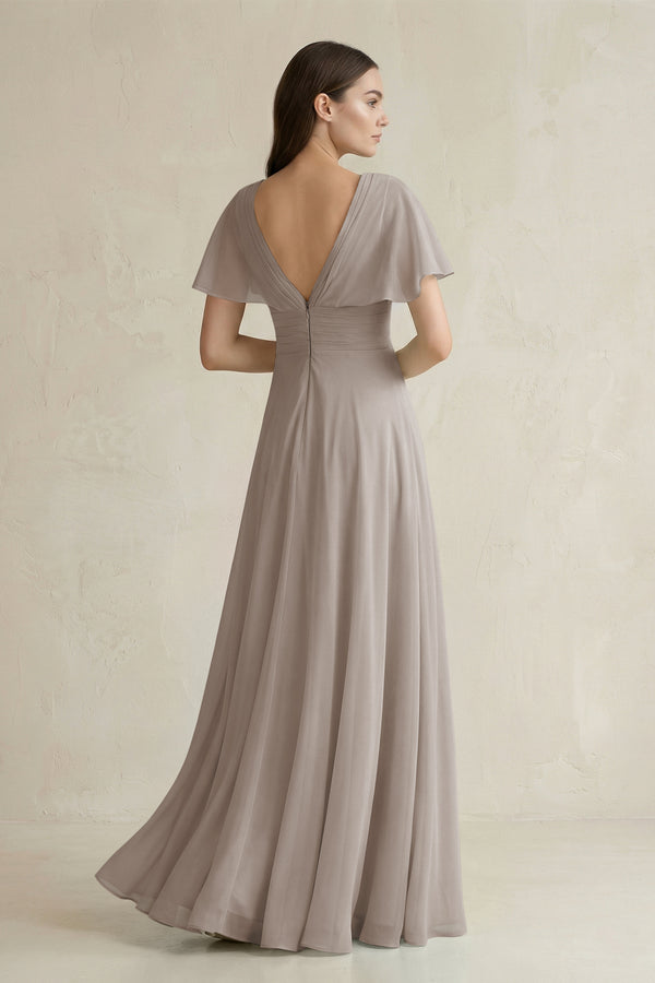 Frost V-Neck Ruffled Sleeve A-Line Chiffon Bridesmaid Dress (2) | KISSBRIDAL