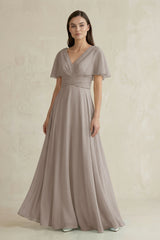 Frost V-Neck Ruffled Sleeve A-Line Chiffon Bridesmaid Dress | KISSBRIDAL
