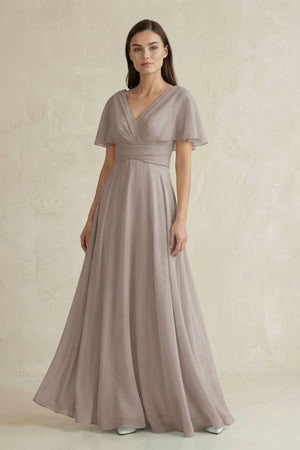 Frost V-Neck Ruffled Sleeve A-Line Chiffon Bridesmaid Dress | KISSBRIDAL