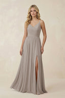 Frost V-Neck Spaghetti Strap A-Line Chiffon Bridesmaid Dress | KISSBRIDAL
