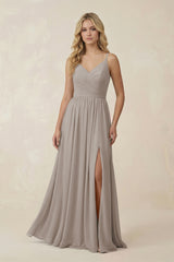 Frost V-Neck Spaghetti Strap A-Line Chiffon Bridesmaid Dress | KISSBRIDAL