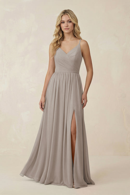 Frost V-Neck Spaghetti Strap A-Line Chiffon Bridesmaid Dress | KISSBRIDAL