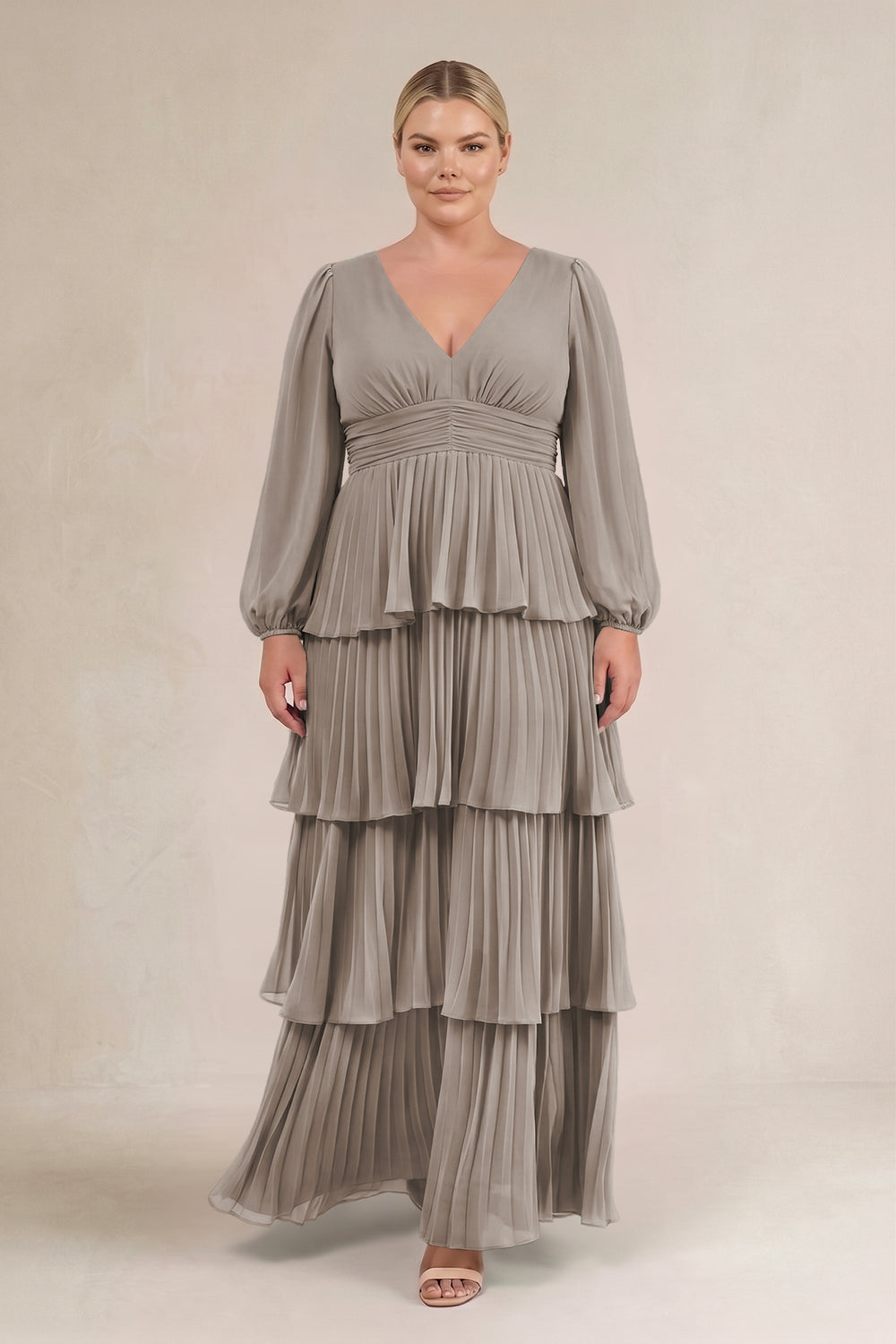 V-Neck Tiered A-Line Long Sleeve Bridesmaid Dress in Frost