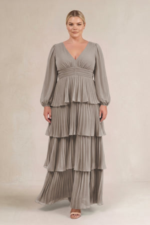 Frost V-Neck Tiered A-Line Long Sleeve Bridesmaid Dress (3) [sizeplus] | KISSBRIDAL
