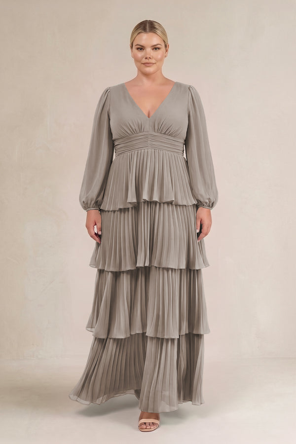 Frost V-Neck Tiered A-Line Long Sleeve Bridesmaid Dress (3) [sizeplus] | KISSBRIDAL