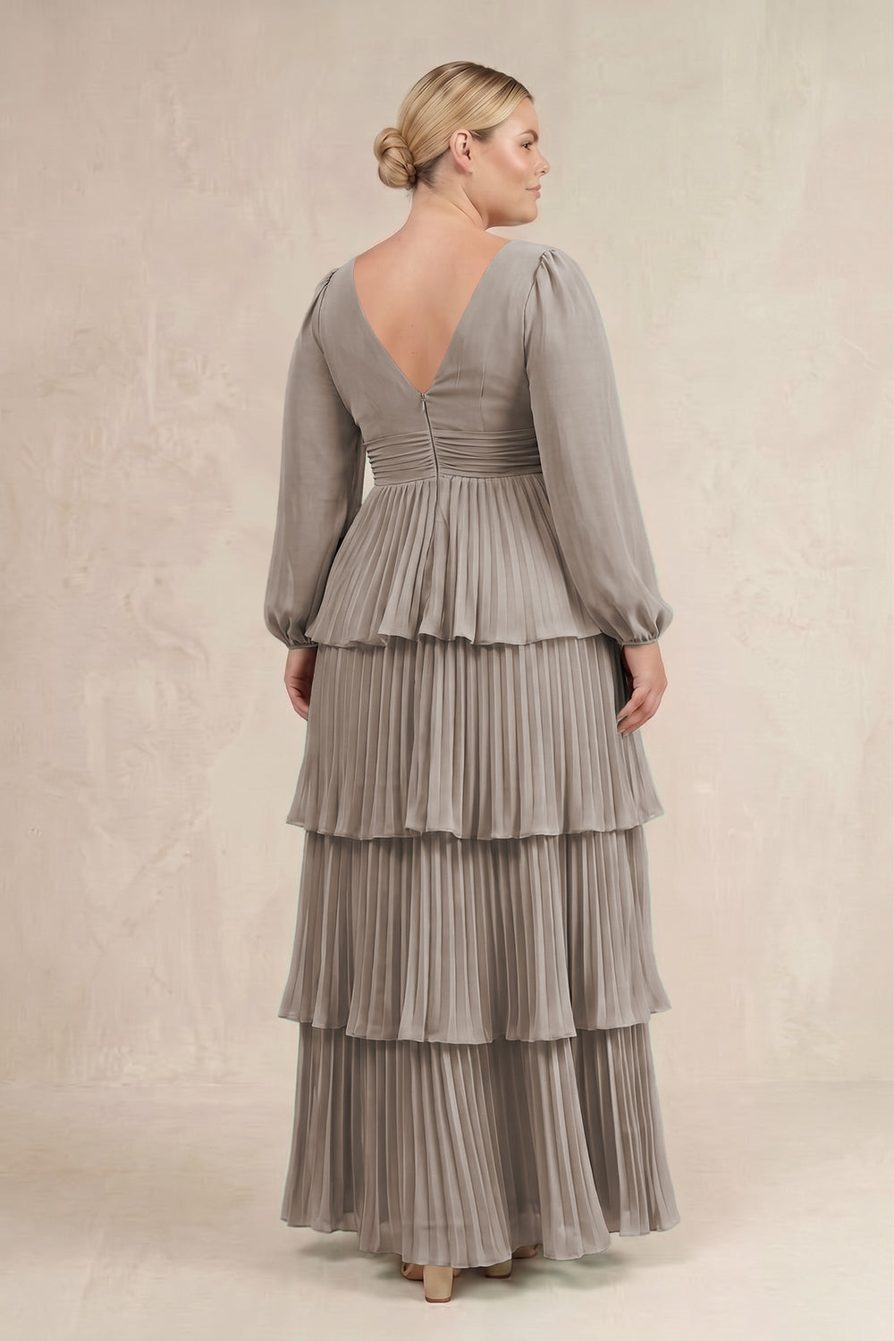 V-Neck Tiered A-Line Long Sleeve Bridesmaid Dress in Frost