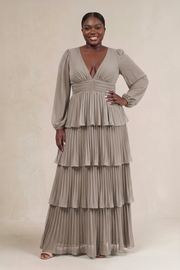 Frost V-Neck Tiered A-Line Long Sleeve Bridesmaid Dress [sizeplus] | KISSBRIDAL