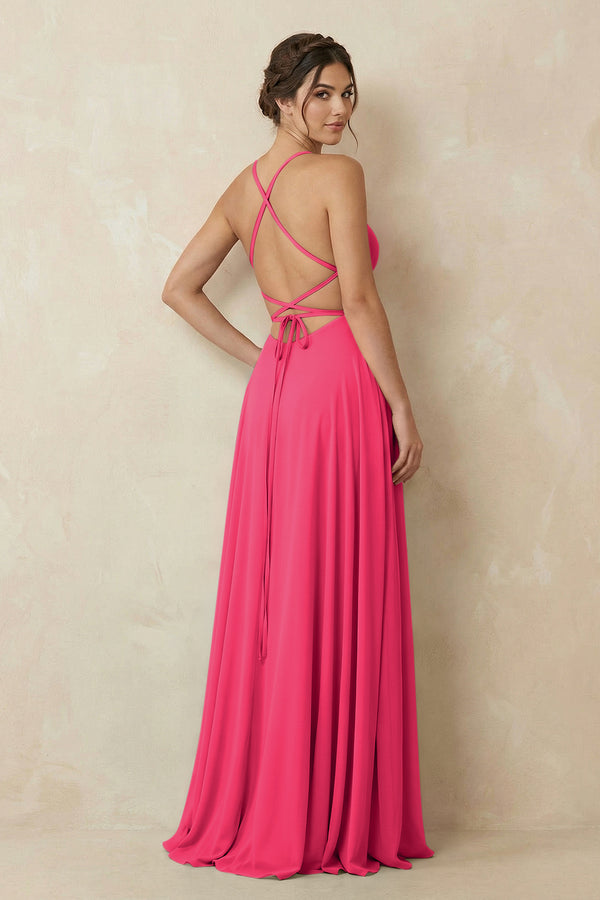 Fuchsia A-Line Chiffon Bridesmaid Dress With Slit (2) | KISSBRIDAL