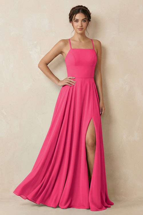 Fuchsia A-Line Chiffon Bridesmaid Dress With Slit | KISSBRIDAL