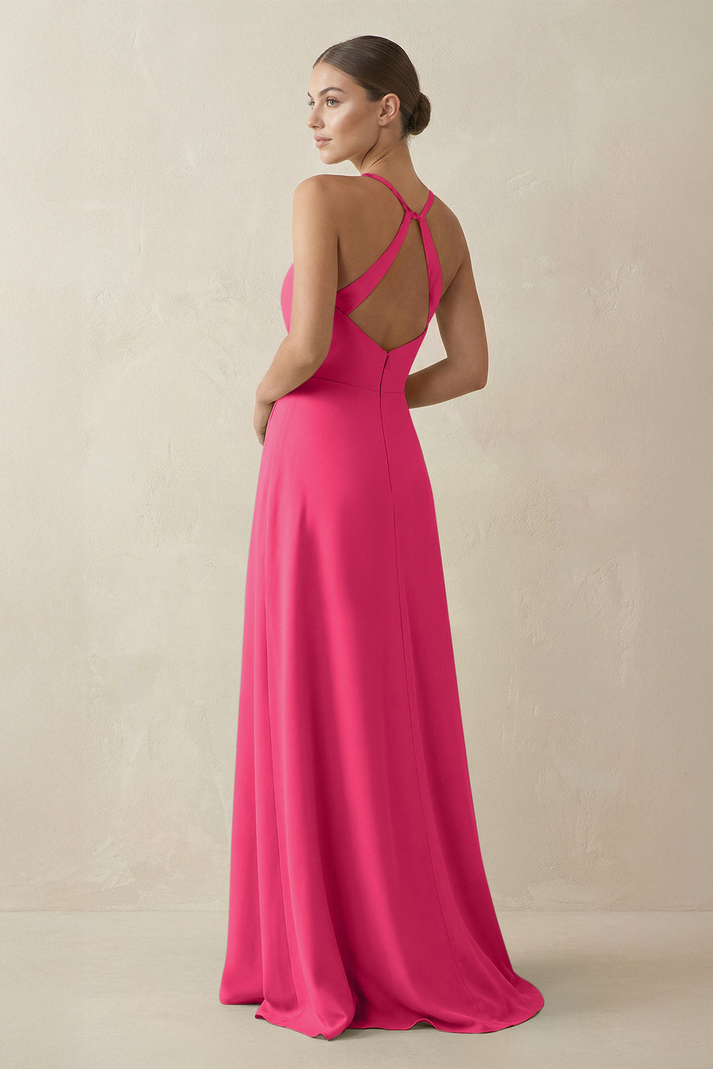 A-Line Chiffon Long Bridesmaid Dress With Slit in Fuchsia