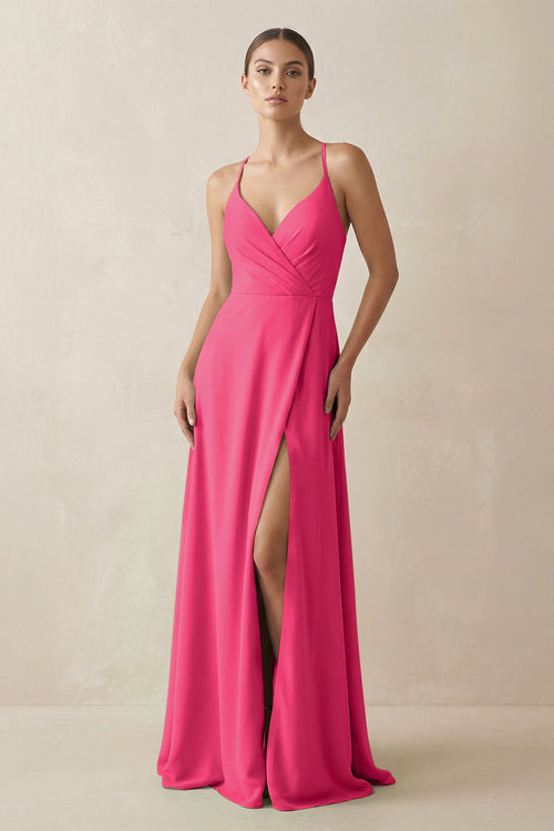 Fuchsia A-Line Chiffon Long Bridesmaid Dress With Slit | KISSBRIDAL