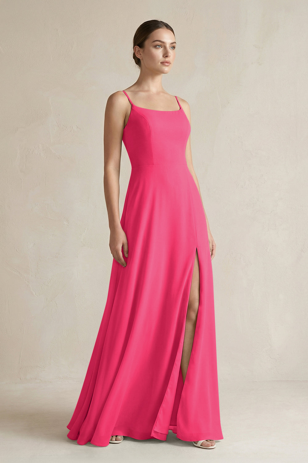 A-Line Chiffon Spaghetti Strap Bridesmaid Dress in Fuchsia