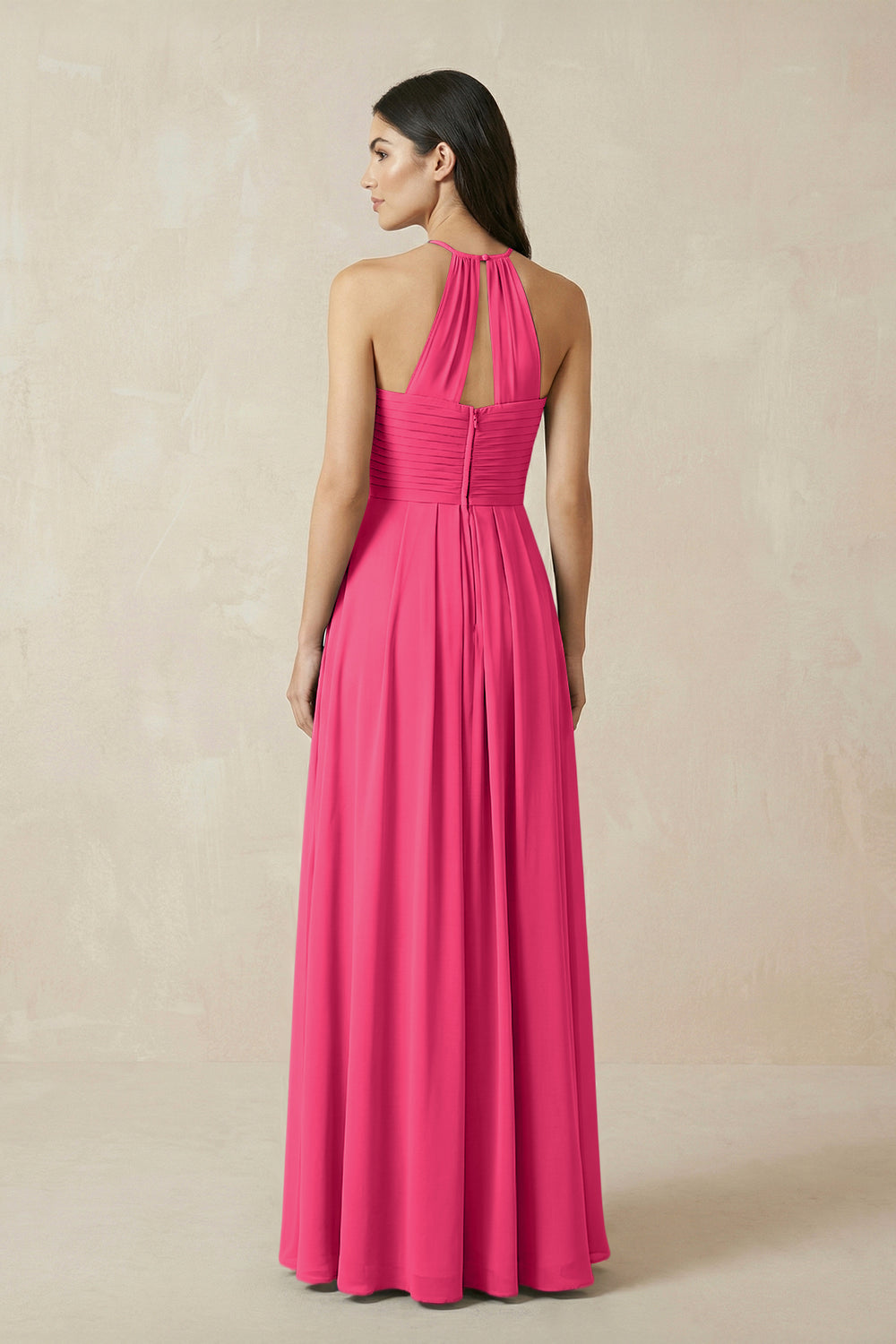A-Line Halter Neck Pleated Chiffon Bridesmaid Dress in Fuchsia