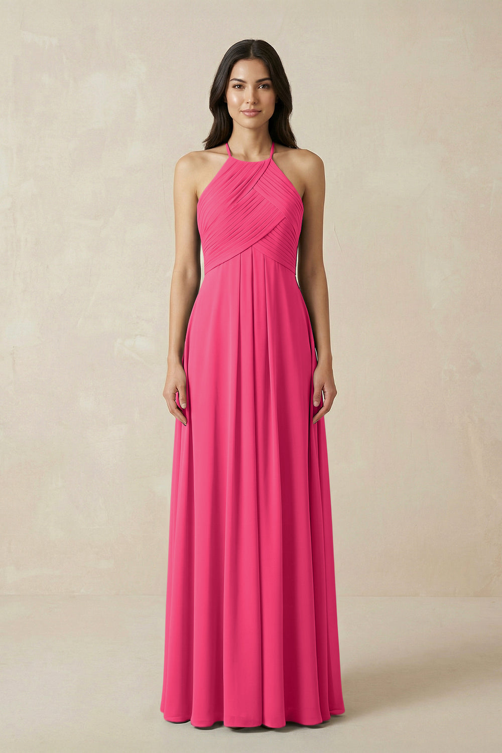 A-Line Halter Neck Pleated Chiffon Bridesmaid Dress in Fuchsia
