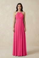 Fuchsia A-Line Halter Neck Pleated Chiffon Bridesmaid Dress | KISSBRIDAL