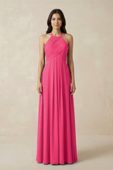 Fuchsia A-Line Halter Neck Pleated Chiffon Bridesmaid Dress | KISSBRIDAL