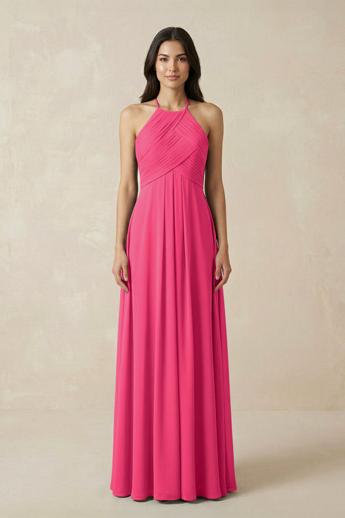 Fuchsia A-Line Halter Neck Pleated Chiffon Bridesmaid Dress | KISSBRIDAL