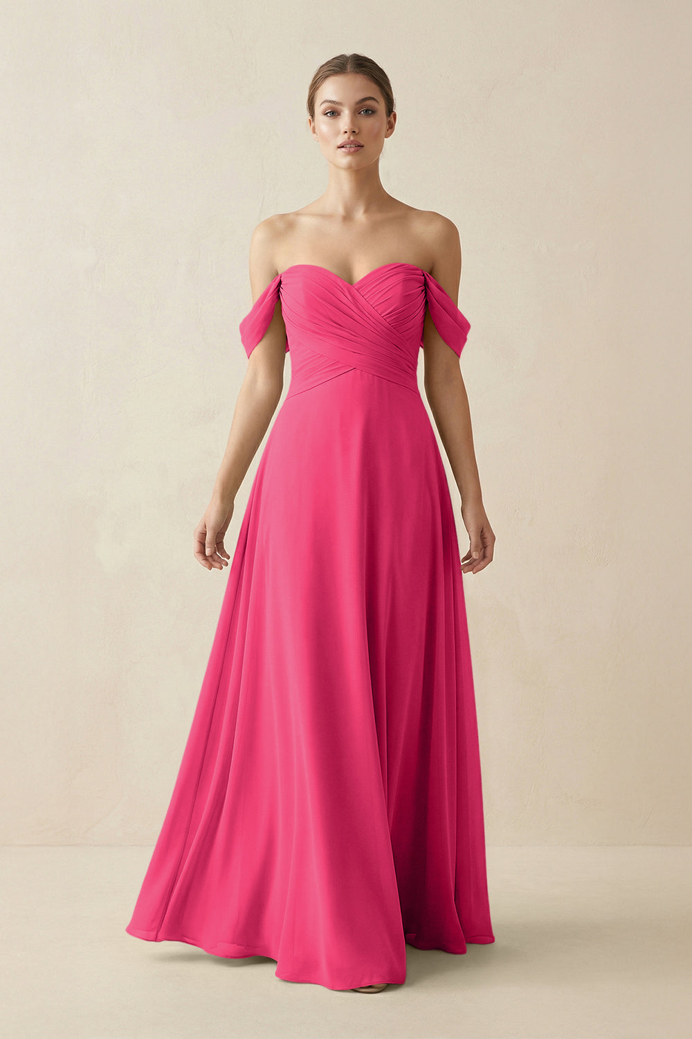 A-Line Off-the-Shoulder Chiffon Bridesmaid Dress in Fuchsia