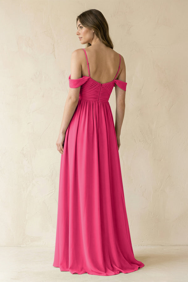 Fuchsia A-Line Off-the-Shoulder Pleated Chiffon Bridesmaid Dress (2) | KISSBRIDAL