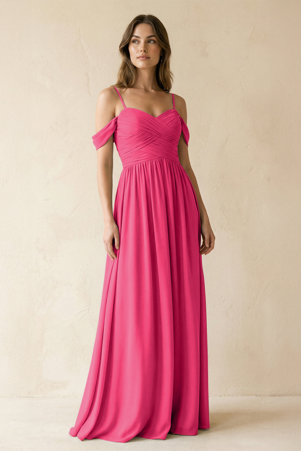 A-Line Off-the-Shoulder Pleated Chiffon Bridesmaid Dress in Fuchsia