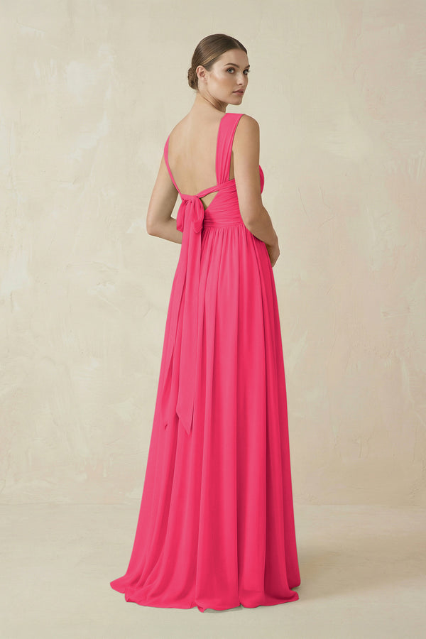 Fuchsia A-Line Pleated Chiffon Long Bridesmaid Dress (2) | KISSBRIDAL