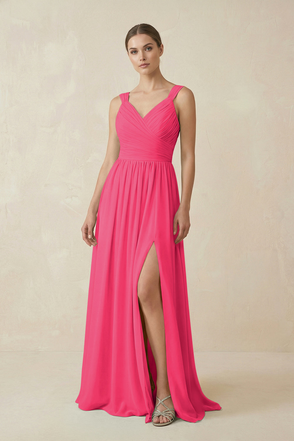 A-Line Pleated Chiffon Long Bridesmaid Dress in Fuchsia
