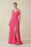 Fuchsia A-Line Pleated Chiffon Long Bridesmaid Dress | KISSBRIDAL