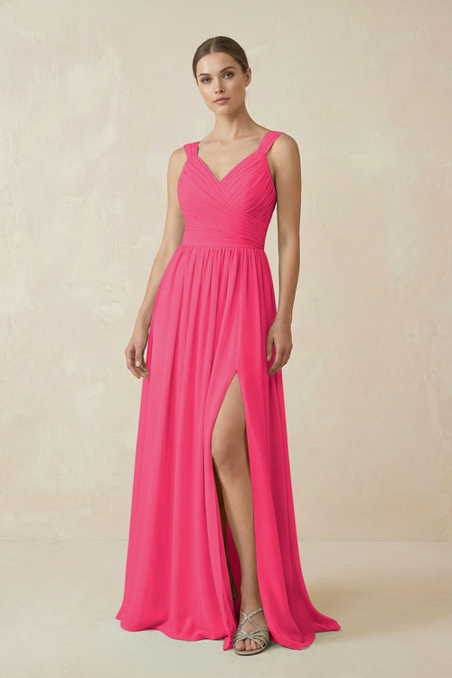 Fuchsia A-Line Pleated Chiffon Long Bridesmaid Dress | KISSBRIDAL