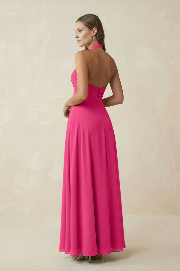 Fuchsia A-Line Pleated Chiffon V-Neck Bridesmaid Dress (2) | KISSBRIDAL