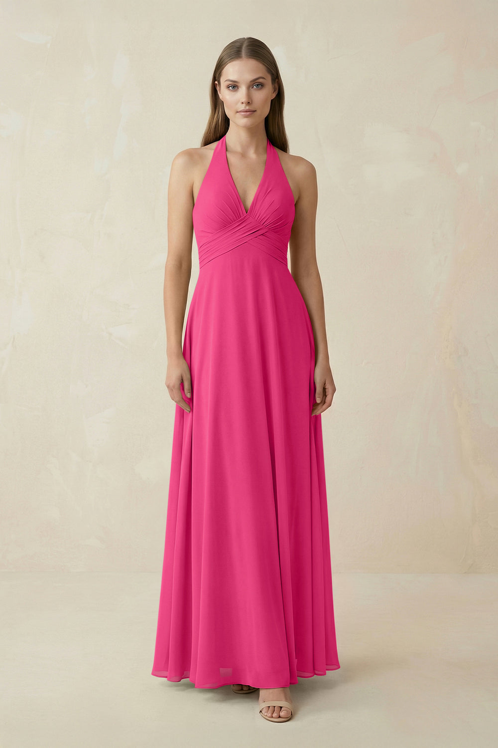 A-Line Pleated Chiffon V-Neck Bridesmaid Dress in Fuchsia