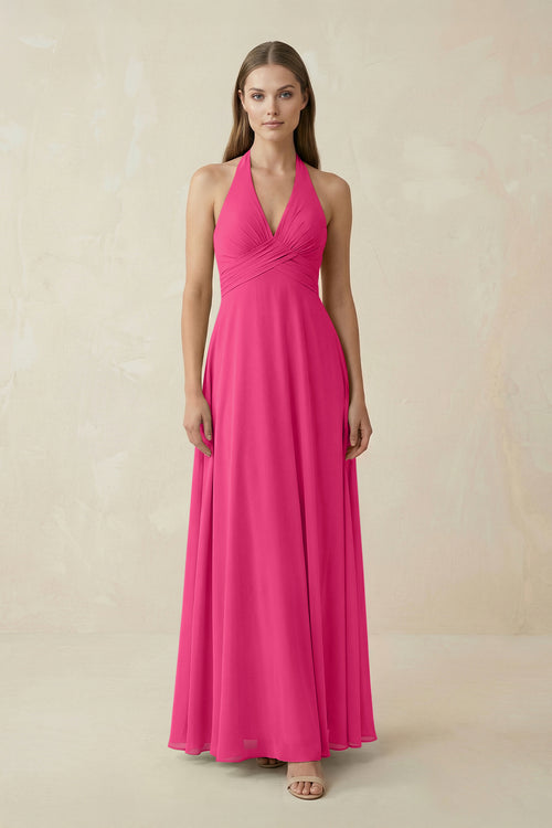 Fuchsia A-Line Pleated Chiffon V-Neck Bridesmaid Dress | KISSBRIDAL