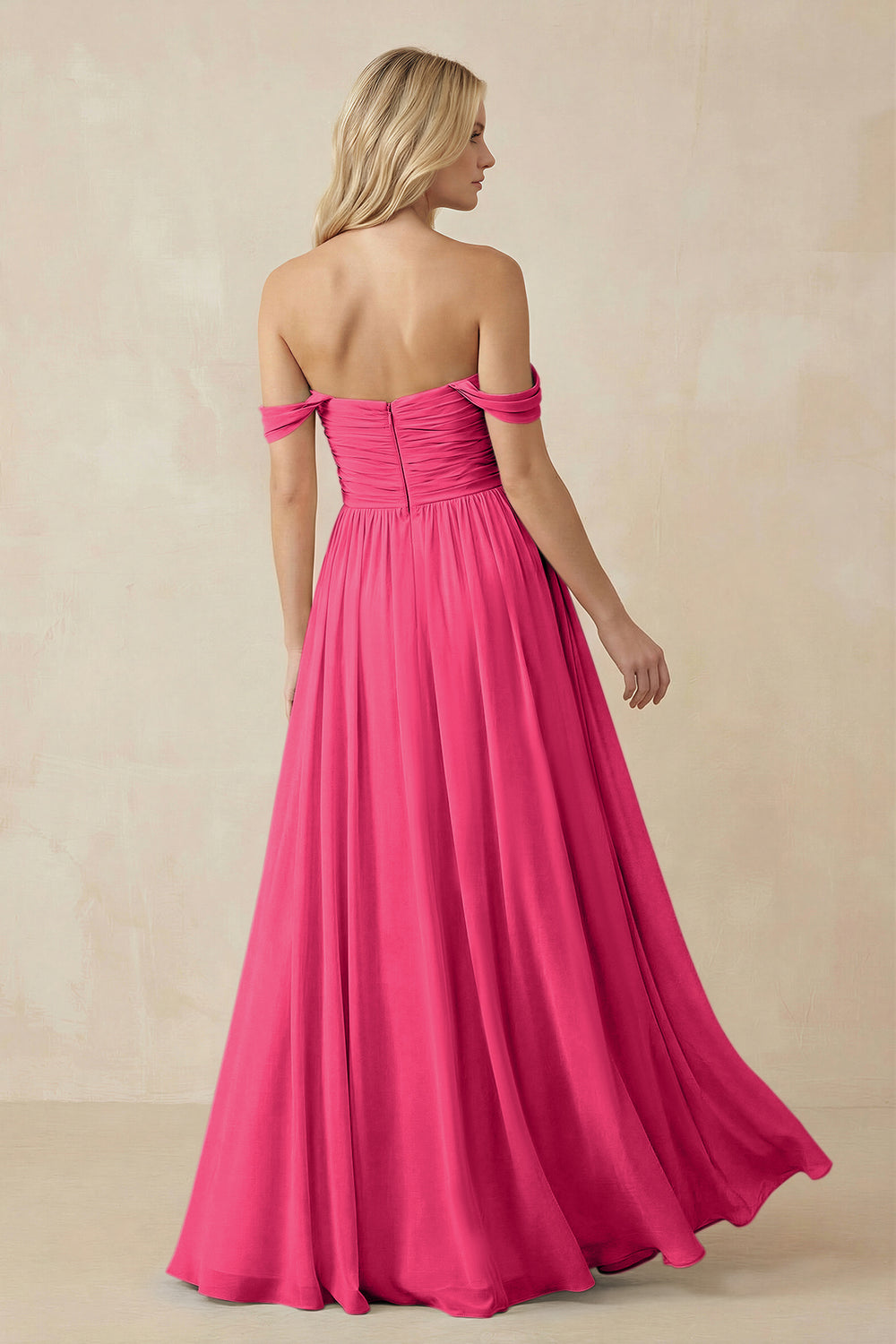 A-Line Pleated Long Chiffon Bridesmaid Dress in Fuchsia