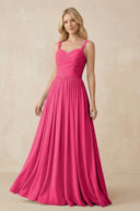 Fuchsia A-Line Pleated Long Chiffon Bridesmaid Dress | KISSBRIDAL